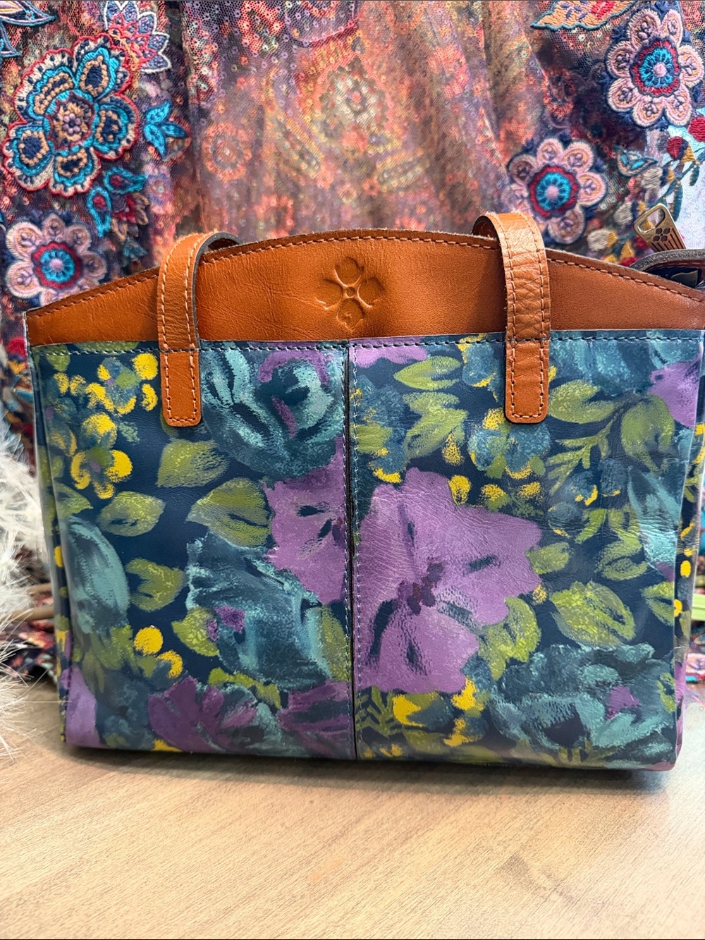 Patricia Nash Navy Floral Shoulder Bag with Tan Leather Trim